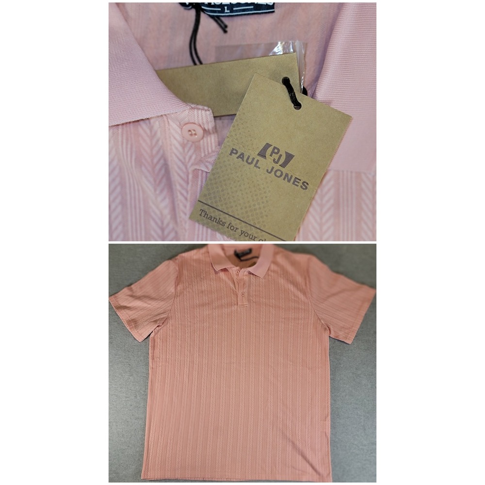 Paul Jones Mens Pink Textured Short Sleeve Polo Shirt Chevron Knit Size L NWT